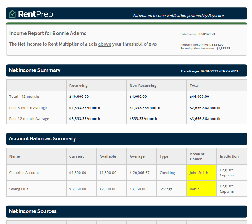 RentPrep Income Verification Sample